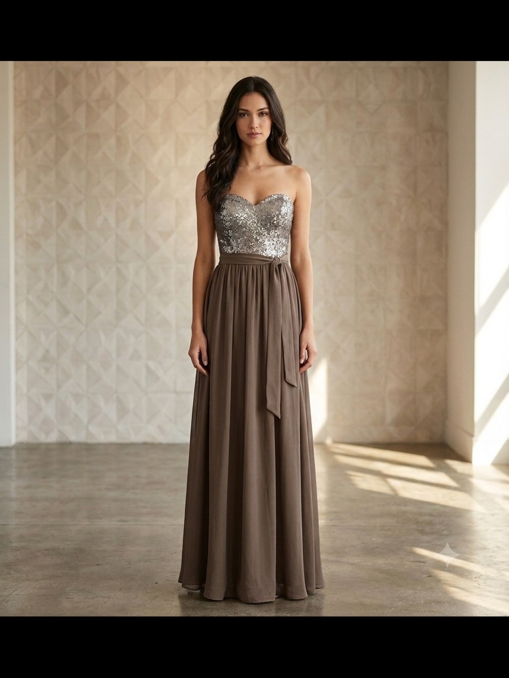 Bari Jay Taupe Chiffon Sequin Gown - Size 2